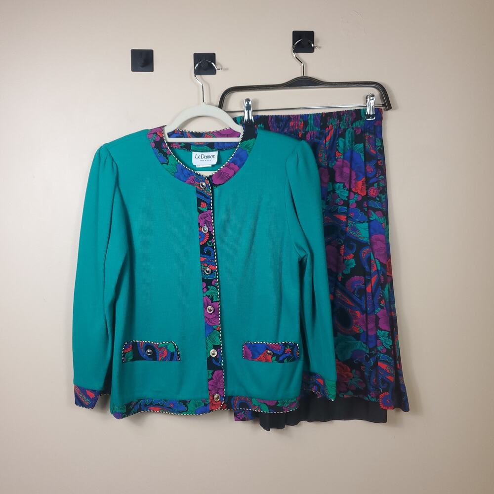 Vintage 1980's LeDamor Cardigan Sweater Skirt Set Teal Vibrant Floral Size 10